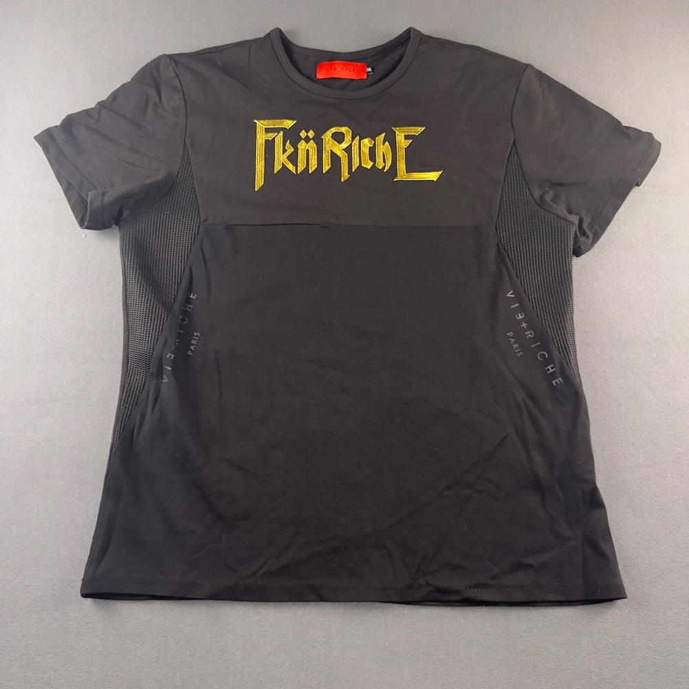 Vie Riche Paris Mens Black Gold Embroidered Fkn Riche Mesh Panel T-Shirt 3XL
